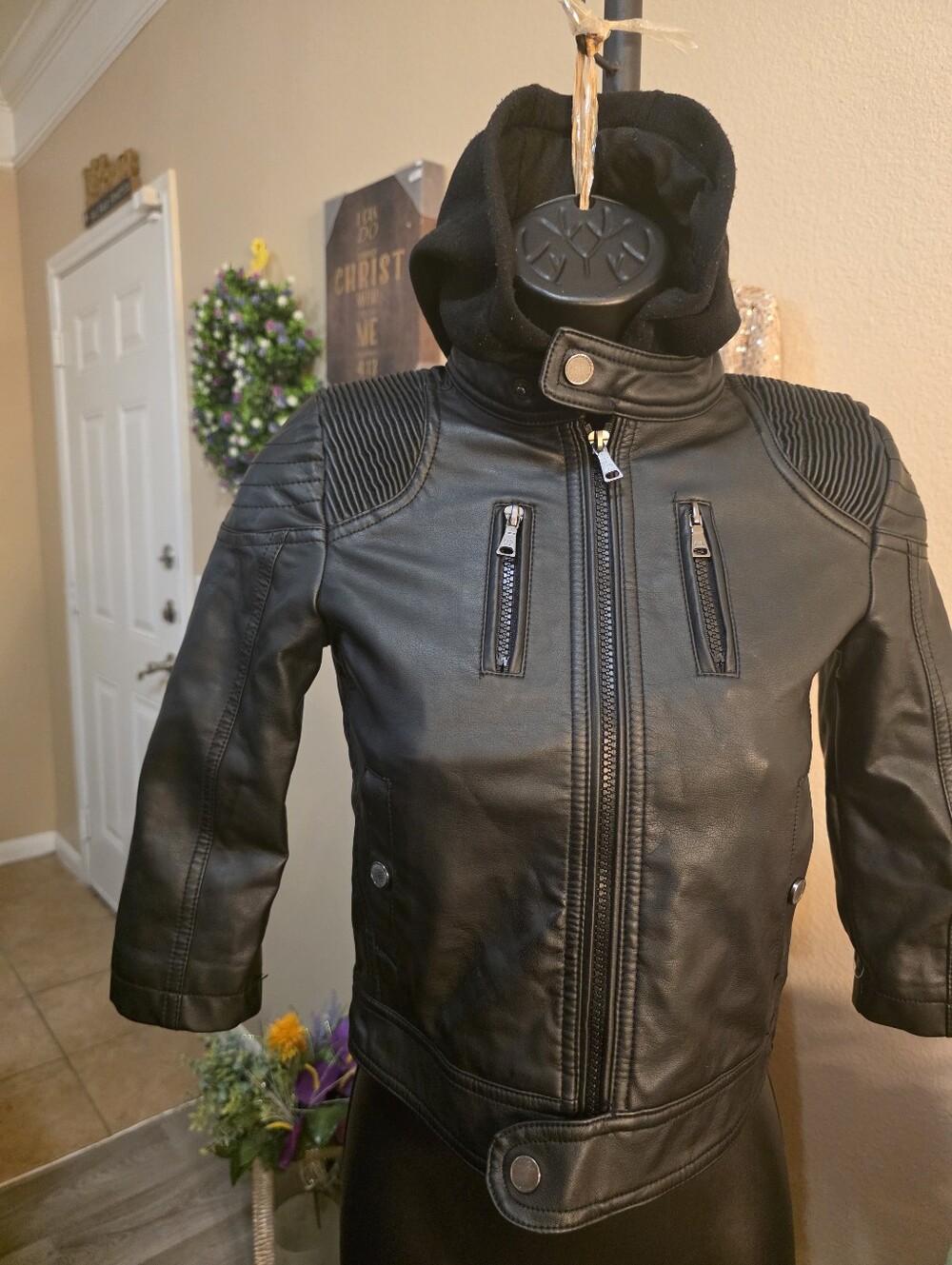 Jennifer Lopez Black Faux Leather Kids Jacket with Hood